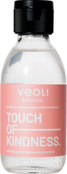 Veoli Botanica Touch Of Kindness łagodząco-wzmacniający tonik, przezroczysta butelka, różowa etykieta, widok z przodu.