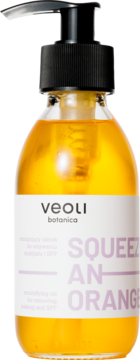 Veoli Botanica Squeeze An Orange, emulgujący olejek do demakijażu i SPF, w szklanej butelce z pompką.