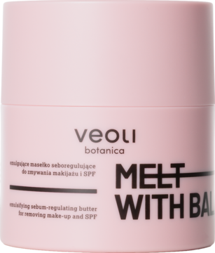 Różowe emulgujące masełko seboregulujące Veoli Botanica Melt With Balance w okrągłym słoiczku, widok z przodu.