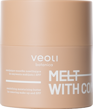 Beżowe masełko Veoli Botanica Melt With Comfort, emulgujące, do demakijażu i SPF, w kremowym słoiczku, widok z przodu.