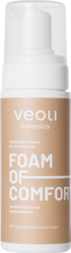 Pianka Veoli Botanica Foam Of Comfort do twarzy, beżowa butelka z białym dozownikiem, widok z przodu.
