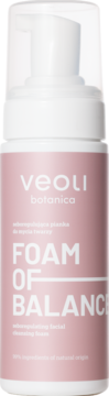 Veoli Botanica Foam Of Balance, seboregulująca pianka do mycia twarzy, biała butelka z różową etykietą, przód.
