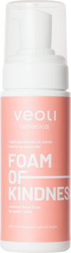 Veoli Botanica Foam Of Kindness, łagodząca pianka do twarzy na naczynka, biała butelka, widok z przodu.