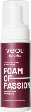 Biała butelka pianki Veoli Botanica Foam of Passion, rozświetlająca do mycia twarzy, z czerwoną etykietą, widok z przodu.