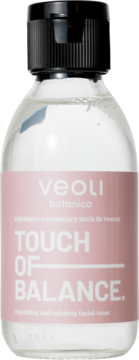 Veoli Botanica Touch Of Balance, regulująco-wyciszający tonik do twarzy w szklanej butelce z czarną nakrętką, widok z przodu.
