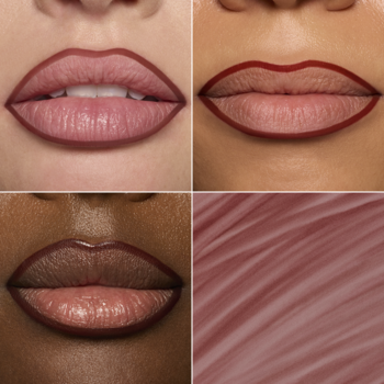 Bordowy liner do ust na 3 modelkach o różnych karnacjach i swatch. Perfekcyjnie konturuje usta, uniwersalny odcień.