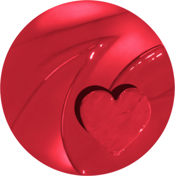 Czerwony, błyszczący, kulisty symbol błyszczyka Kaja Heart Melter z wirującymi wzorami i wypukłym sercem.