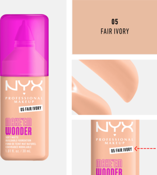 NYX MAKE 'EM WONDER matujący podkład 05 Fair Ivory, beżowa butelka z różową pompką, widok z przodu.