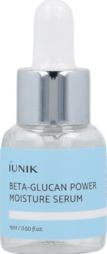 iUNIK Beta-Glucan Power Moisture Serum, 15ml, w szklanej butelce z niebieską etykietą, widok z przodu.