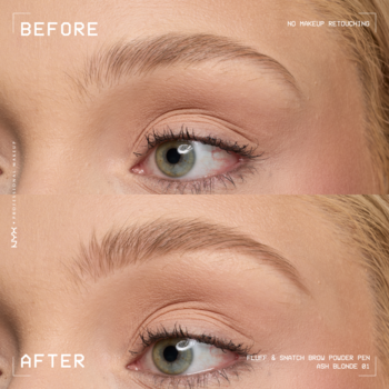 Blond brwi na zdjęciu przed i po aplikacji NYX Fluff & Snatch Ash Blonde, efekt pełniejszych, matowych brwi.