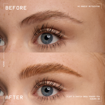 NYX Fluff & Snatch Auburn pudrowy pisak. Porównanie brwi przed i po, ukazujące puszysty, matowy efekt.