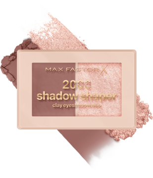 Max Factor 2000 Calorie Shadow Shaper duo cieni. Beżowa paleta z matowym brązem, błyszczącym różem. Na tle rozsypanych cieni.
