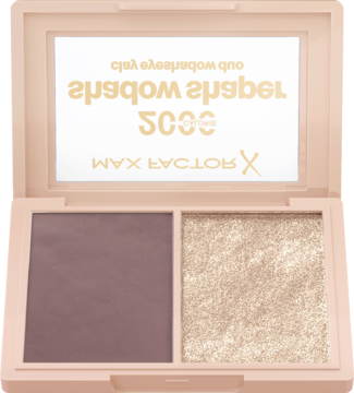 Otwarta paleta cieni 2000 Calorie Shadow Shaper, kremowo-pudrowa. Matowy taupe i błyszczący beż, lustro z logo.