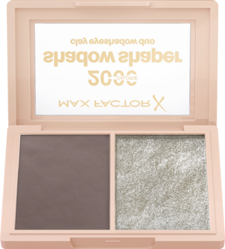 Max Factor 2000 Calorie Shadow Shaper duo, otwarty. Matowy brąz i błyszczący szampański cień. Kremowo-pudrowa formuła.