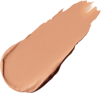 Próbka podkładu w sticku Rimmel Multi Tasker Blur Booster Sand, beżowa kremowa smuga na czarnym tle.
