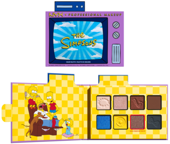 Paleta cieni NYX The Simpsons, fioletowa w kształcie TV, otwarta ukazuje 8 cieni (brązy, błękity, żółć, czerwień) i grafikę rodziny.