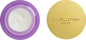 Revolution Pro krem na noc z retinoidem: otwarty fioletowy słoik z białym kremem i złota pokrywka obok, widok z góry.