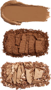 Bronze Icon Palettes: trzy bronzery – kremowy swatch, rozgniecione pudry matowy i rozświetlający brąz.