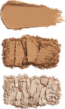 Bronze Icon Palettes: trzy próbki bronzerów, kremowy, sprasowany i sypki, od jasnego do średniego brązu.