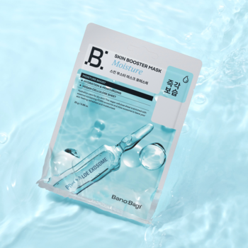 Maska nawilżająca w płachcie Banobagi Skin Booster Mask Moisture, biała saszetka z grafiką ampułki na tle wody.