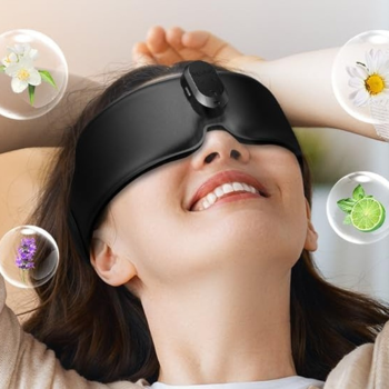 Kobieta w czarnej podgrzewanej masce RENPHO EyeSnooze Aroma, uśmiechnięta, z symbolami olejków.