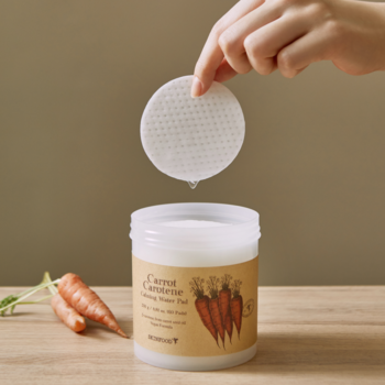 SKINFOOD Carrot Carotene Calming Water Pad, zbliżenie na dłoń wyjmującą nasączony płatek z słoika na drewnianym stole.