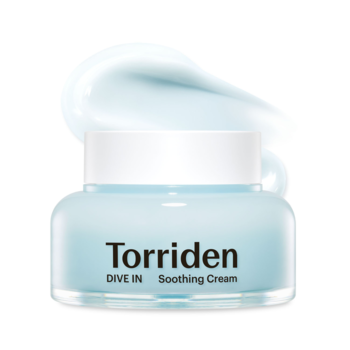 Torriden DIVE IN Soothing Cream, krem do twarzy w jasnoniebieskim słoiczku, z widoczną delikatną teksturą.