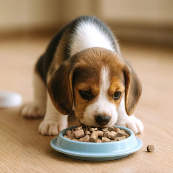 Szczenię beagle je liofilizowaną karmę Dr Malou Kaczka z mlekiem kozim z jasnoniebieskiej miski.