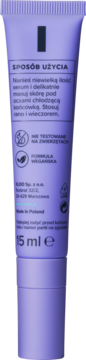 Tył fioletowej tubki serum pod oczy 15ml, z wegańską formułą i chłodzącym aplikatorem, instrukcja użycia.