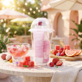 Fluff Pink Hwachae Smoothie zestaw w kubku, otoczony arbuzem, truskawkami, liczi. Letnie, różowe tło.