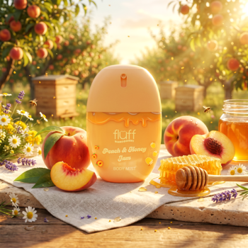 Fluff Peach Honey Jam mgiełka, brzoskwiniowa butelka, obok plastry miodu, świeże brzoskwinie w sadzie.