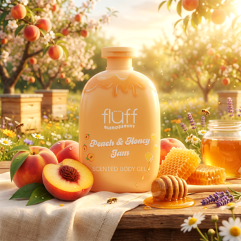Fluff Peach & Honey Jam Shower Gel, peach bottle on wooden table with fresh peaches, honey, and beehives.