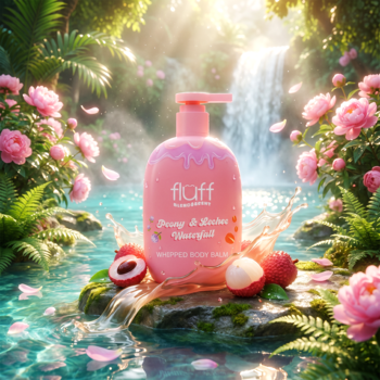 Różowy balsam rozświetlający Fluff Peony & Lechee Waterfall z pompką, litchi i kwiaty na tle wodospadu.