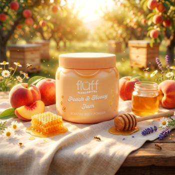 Puder do ciała Fluff Peach Honey Jam w brzoskwiniowym słoiku na stole z brzoskwiniami, miodem i pszczołami w sadzie.