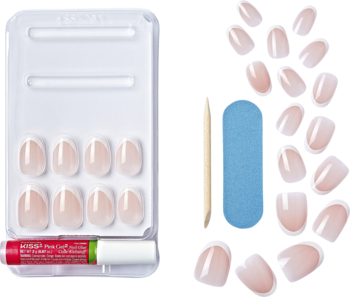 KISS Classy Exclusive Only sztuczne paznokcie French Tip: owalne, krótkie, połysk żelowy. Zestaw z klejem i pilnikiem na białym tle.