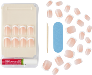 KISS Salon Acrylic French 'Bonjour' press-on nails: Kit with nude & white square French tips, glue, file, stick, scattered on white.