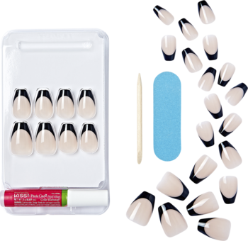 Zestaw KISS Salon Acrylic "Flame" – 28 sztucznych paznokci coffin z czarnym francuskim tipsem, klejem i pilniczkiem.
