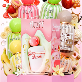 Fluff Gourmand Scents blind box, kolekcja małych, kolorowych butelek perfum o słodkich zapachach, owoce.
