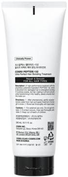 Tył białej tubki COSRX PEPTIDE-132 Ultra Perfect Hair Bonding Treatment, z etykietą, opisem i instrukcją.