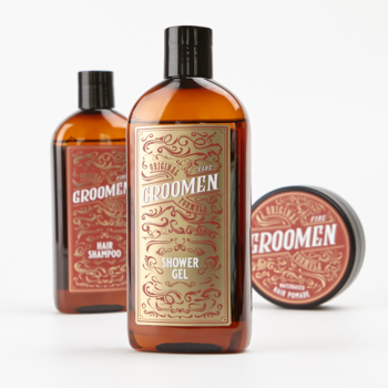 Zestaw Groomen FIRE: bursztynowe butelki żelu pod prysznic i szamponu 300ml z czerwono-złotymi etykietami oraz pomada 120g.