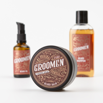 Zestaw GROOMEN Fire do brody: brązowy balsam 50g w okrągłej puszce w centrum, olejek 50ml i szampon 150ml w tle.