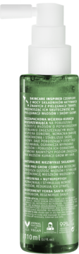 Zielona butelka TREAT my hair wcierka na porost włosów 110ml, tył z widoczną etykietą składników i logo vegan.