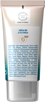 Tył beżowego kremu BB z filtrem, tuba z etykietą Made in Korea i pełną listą składników.
