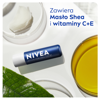 NIVEA MEN Active pomadka do ust SPF15, z masłem shea i witaminami C+E, na tle laboratoryjnym.