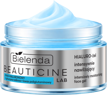 Otwarty słoik Bielenda BEAUTICINE LAB HIALURO-tal intensywnie nawilżający żel do twarzy, z kwasem hialuronowym.