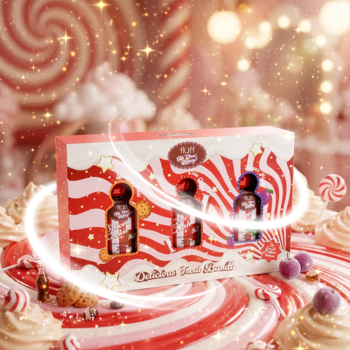 Fluff EAU de parfum intense, zestaw 3x20ml (Spiced Cookie, Cola Crush, Sugar Plum) w pudełku w paski.