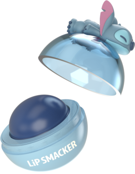 Niebieski balsam do ust Lip Smacker z postacią Sticha. Otwarta kula z napisem, na czarnym tle.