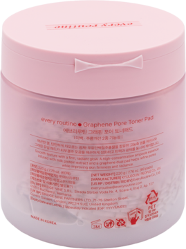 Tył różowego opakowania Every Routine Graphene Pore Toner Pad, dwustronnych płatków tonizujących z grafenem.