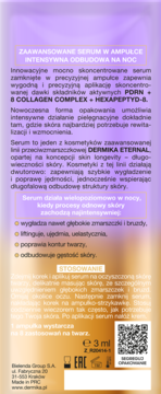 Bielenda Dermika Eternal serum, tył fioletowo-złotego opakowania 3ml, polski opis: Intensywna Odbudowa na Noc.