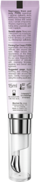 Tył lawendowego kremu pod oczy PDRN Firming Eye Cream 15ml w tubce z pompką, widoczne etykiety z opisem.